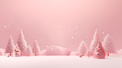 Wall Mural - Christmas and New Year minimalism monochrome background in pastel pink colors. Pink Christmas trees in a snowy forest and Christmas pink decorations on a light background with copy space for text.