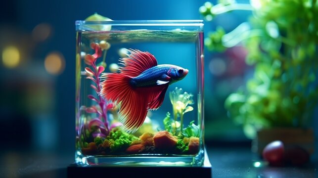 Cute betta aquarium fishs glass decorations ideas photography image AI generated art