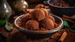 Homemade chocolate truffles with cocoa powder. Closeup view. Tasty sweet chocolate truffles