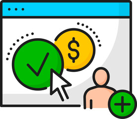 Leinwandbilder - Pay per click SEM, search engine marketing thin line icon of vector PPC advertising. Outline website page, online money golden coin with dollar symbol and arrow cursor, digital marketing, ecommerce