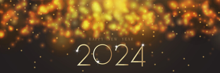 Wall Mural - 2024 Happy new year, Abstract luxury golden glitter effect glowing on black background with lighting effect sparkle. Template premium award ceremony design. Vector illustration