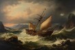 An Oil Painting Style Illustration of a Ship in a Storm Crashing Waves, Dark Artwork Hang in Stately Home or Gallery in Style of Constable, Turner, Gainsborough or From 15th, 16th, 17th, 18th Century