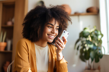 Smiling woman using cafe wifi