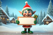 Cute smiling christmas elf holding a wooden blank sign in front of the north pole village