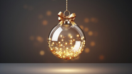 Wall Mural - Sparkles golden bauble Christmas ai generated banner background copy space. Merry and bright celebration image backdrop empty. Yuletide festive ambiance concept composition front view, copyspace