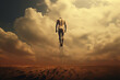 a man rises up to the sky, breaking away from roots, dark dramatic background