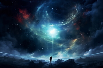 silhouette of a man against background of space, standing on surface of planet, light effects, stars and galaxy