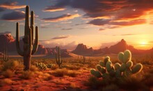Arizona Desert Landscape With Saguaro Cactus At Sunset, Generative AI