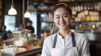 Wall Mural - Portrait of young barista woman. Selling smile and coffee. Ai generative