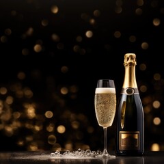 Wall Mural - Dark festive glass and bottle of champagne on bokeh background