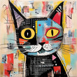 A patchwork collage of a abstract cat. A assemblage of textured elements. Vibrant colours 