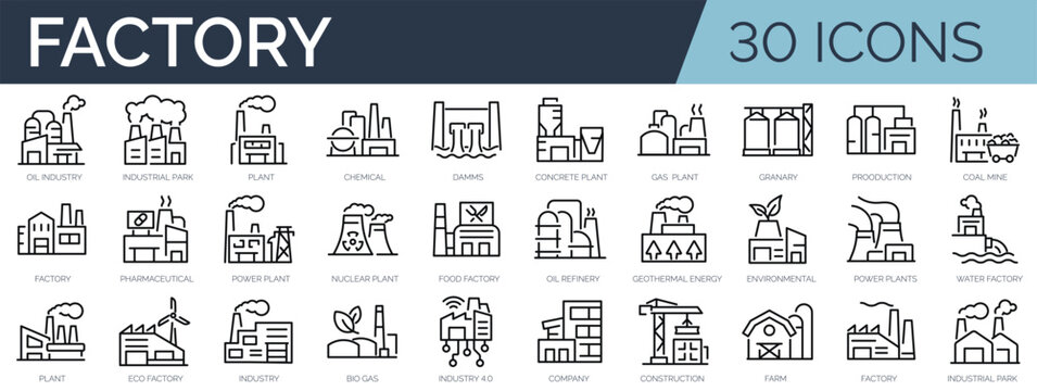 Set of 30 outline icons related to factory, plants, industrial. Linear icon collection. Editable stroke. Vector illustration