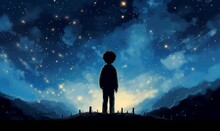 Illustration Of A Boy Looking At Night Starry Sky, Generative AI