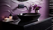 Close-up of a black ceramic washbasin and vanity against a purple bathroom wall