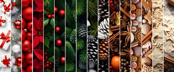 Wall Mural - Abstract background with seasonal and winter stripes with plant, leaf, ball, cone, spice, sweets and gifts texture in green, red, white, brown and beige colors. Concept of Christmas and holiday.