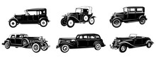 Set Of Vintage Retro Cars. Vector Silhouettes Isolated On White.