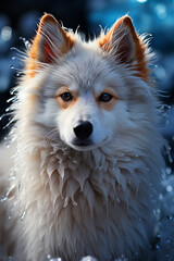 Aufkleber -  An artistic capture of a snow husky's fur adorned with delicate frost and icicles, showcasing the natural beauty of their winter coats.  