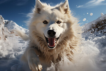 Aufkleber -  An action shot of a snow husky leaping gracefully over a snowbank, showcasing their agility and athleticism. 