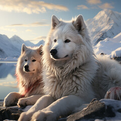 Wall Mural - A serene capture of snow huskies resting by a frozen lake, surrounded by a serene and wintry landscape.  