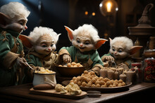 A Joyful Scene Of Elves Baking An Array Of Delicious Holiday Cookies, Their Mischievous Expressions Adding Charm To The Moment  