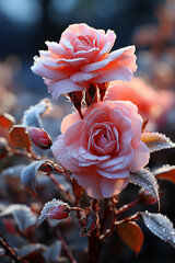 Wall Mural -  A photograph of frost forming on flower buds, capturing the transition from delicate petals to icy crystals.  