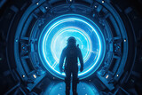 Fototapeta  - Astronaut standing in front of an mysterious open door portal to another world. AI