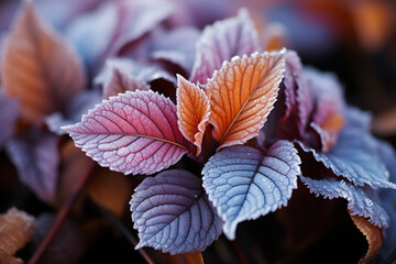 Fototapete -  An image of frost patterns forming on autumn leaves, creating a captivating blend of seasonal beauty.  