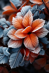 Wall Mural -  A close-up shot of frost forming intricate patterns on the surface of leaves and branches, showcasing nature's artistry.  