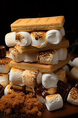 Wall Mural - A close-up shot of marshmallows being sandwiched between chocolate and graham crackers, forming the quintessential s'mores.  