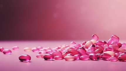 Wall Mural - Close-up of pink tablets and capsules on light background. Health care concept with copy space. Generative AI
