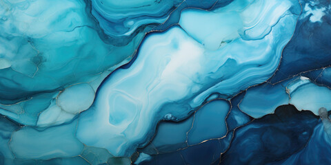 Turquoise blue marble background with thin gold lines and drops