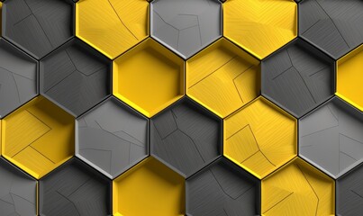 Abstract geometric seamless pattern in gray and yellow with silver decor. Hexagon tiles with relief materials. 3D render, Generative AI