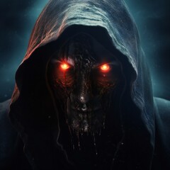 Poster - Scary death face staring at you with red eyes from dark space Generative AI 