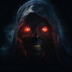 Poster - Scary death face staring at you with red eyes from dark space Generative AI 