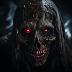 Poster - Scary death face staring at you with red eyes from dark space Generative AI 