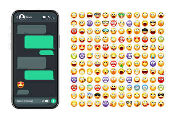 Smartphone messaging app, user interface with emoji. SMS text frame. Chat screen, green message bubbles. Texting app for communication. Social media application. Dark mode. Vector illustration