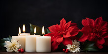Christmas Diwali Decorate With Red Roses And Candle By Placing Big Red Artificial Flowers Around Dark Background 