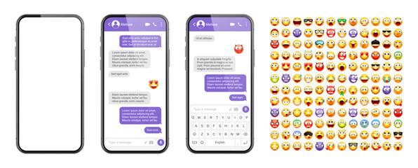 Wall Mural - Smartphone messaging app, user interface design with emoji. SMS text frame. Chat screen with violet message bubbles. Texting app for communication. Social media application. Vector illustration