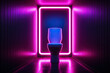 Ceramic toilet in a dark room with neon lighting. Generated by artificial intelligence