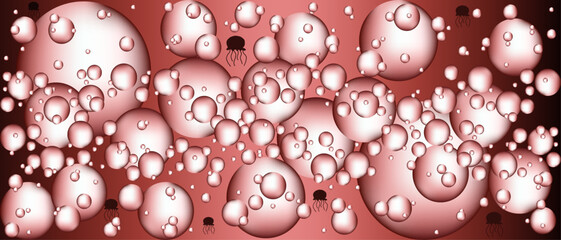 Sticker - 3D red geometric water Bubbles background with jellyfish. Circles geometrical trendy wallpaper. Seamless pattern with 3D water drops. Vector illustration.