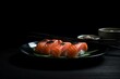 Colorful arrangement of salmon sushi with minimal cutlery. Generative AI