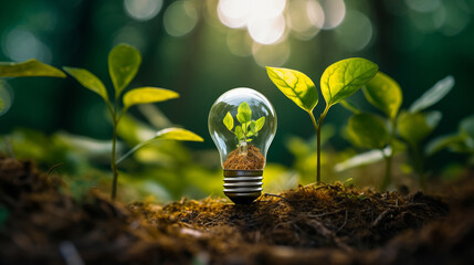 Saving energy and environment.  Tree growth in light bulb for saving Ecology energy nature. Eco and Technology concept