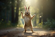 The funny rabbit is standing on its hind legs