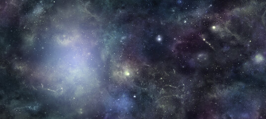 dark deep space with plasma mist website banner background - wide panel of outer space with stars, p