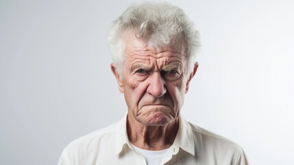 Portrait of a white old male with angry expression against white background with space for text, AI generated, Background image