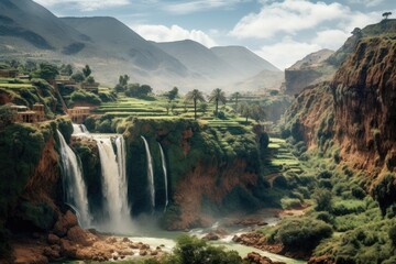 Canvas Print - Waterfall in the mountains of Morocco, Africa. Panoramic view, Ouzoud waterfalls, Grand Atlas in Morocco, AI Generated