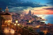 Cityscape Of Dubrovnik At Sunset, Croatia. HDR Image, Panorama Of The Mountains, AI Generated