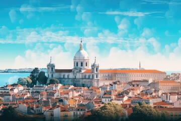 Wall Mural - Panoramic view of Lisbon, Portugal, Europe. Mixed media, panorama of the mountains, AI Generated