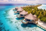Fototapeta  - Tropical beach with water bungalows at Maldives, Perfect aerial landscape, luxury tropical resort or hotel with water villas and beautiful beach scenery, AI Generated