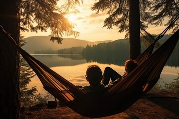 Poster - Man relaxing in hammock on the lake at sunrise. View from the window, person view couple resting at camping woman laying in hammock with beautiful view of forest lake, AI Generated